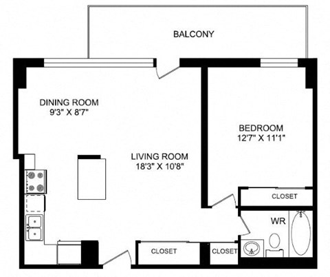 Floor plan for 1 bed, 1 bath, 708 sqft